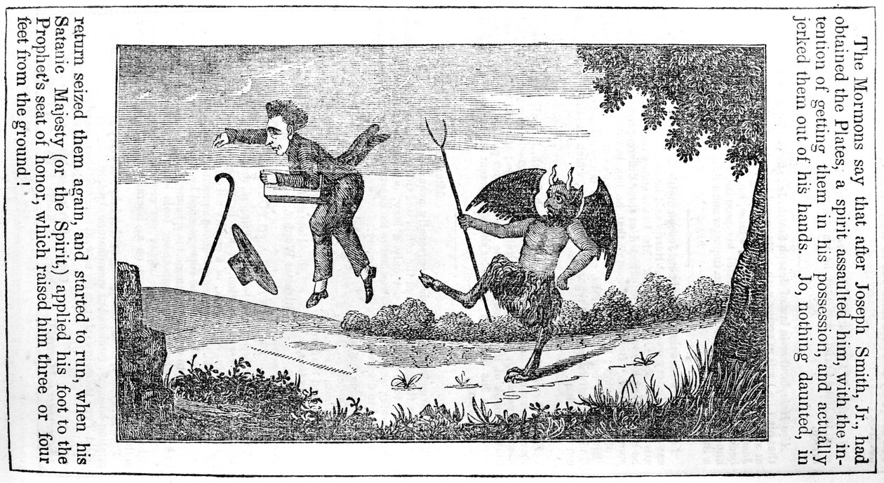 Satan sparker Joseph Smith (1805-44) fra baksiden av Anti-Mormon Almanac for 1842 av American School