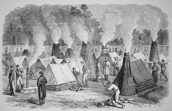 Scene i leirlivet - skorsteinsarkitektur - de føderale soldatene ved leirbrannene deres (gravering) av American School