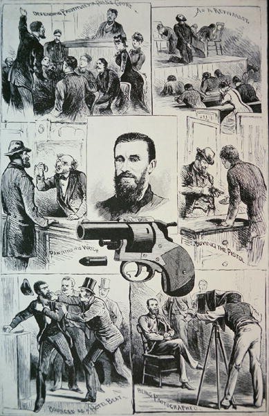 Scener fra livet til leiemorder Charles Jules Guiteau (1841-82) og pistolen han brukte til å drepe president James A. Garfield (1831-81) 1881 (litho) av American School