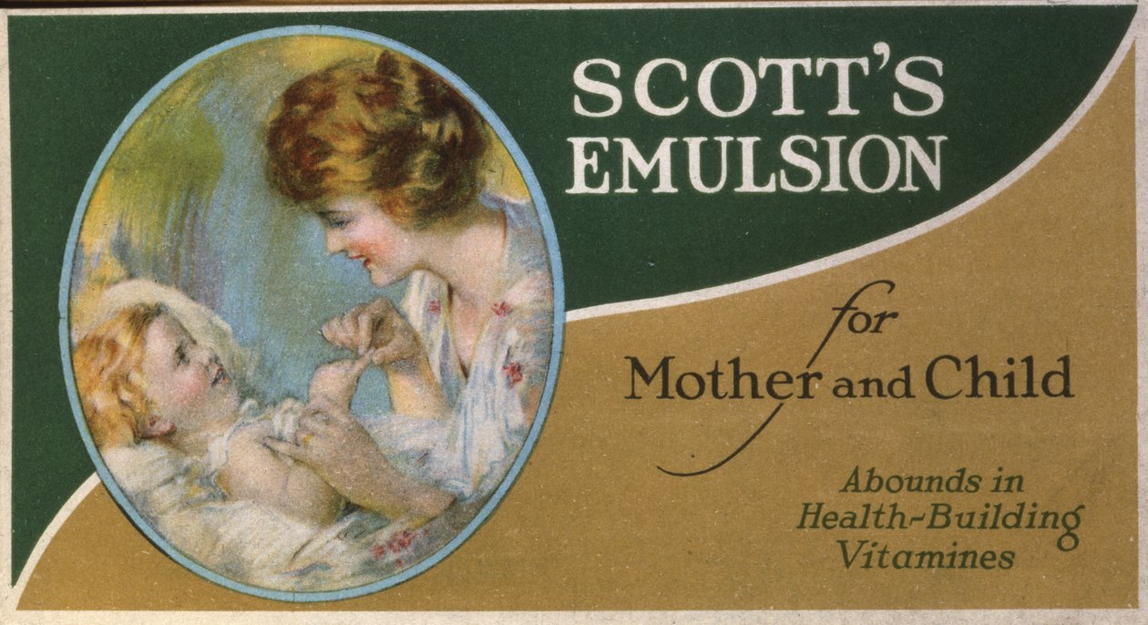 Scotts emulsjon for mor og barn, bugner av helsebyggende vitaminer (litografi [varekort]) av American School