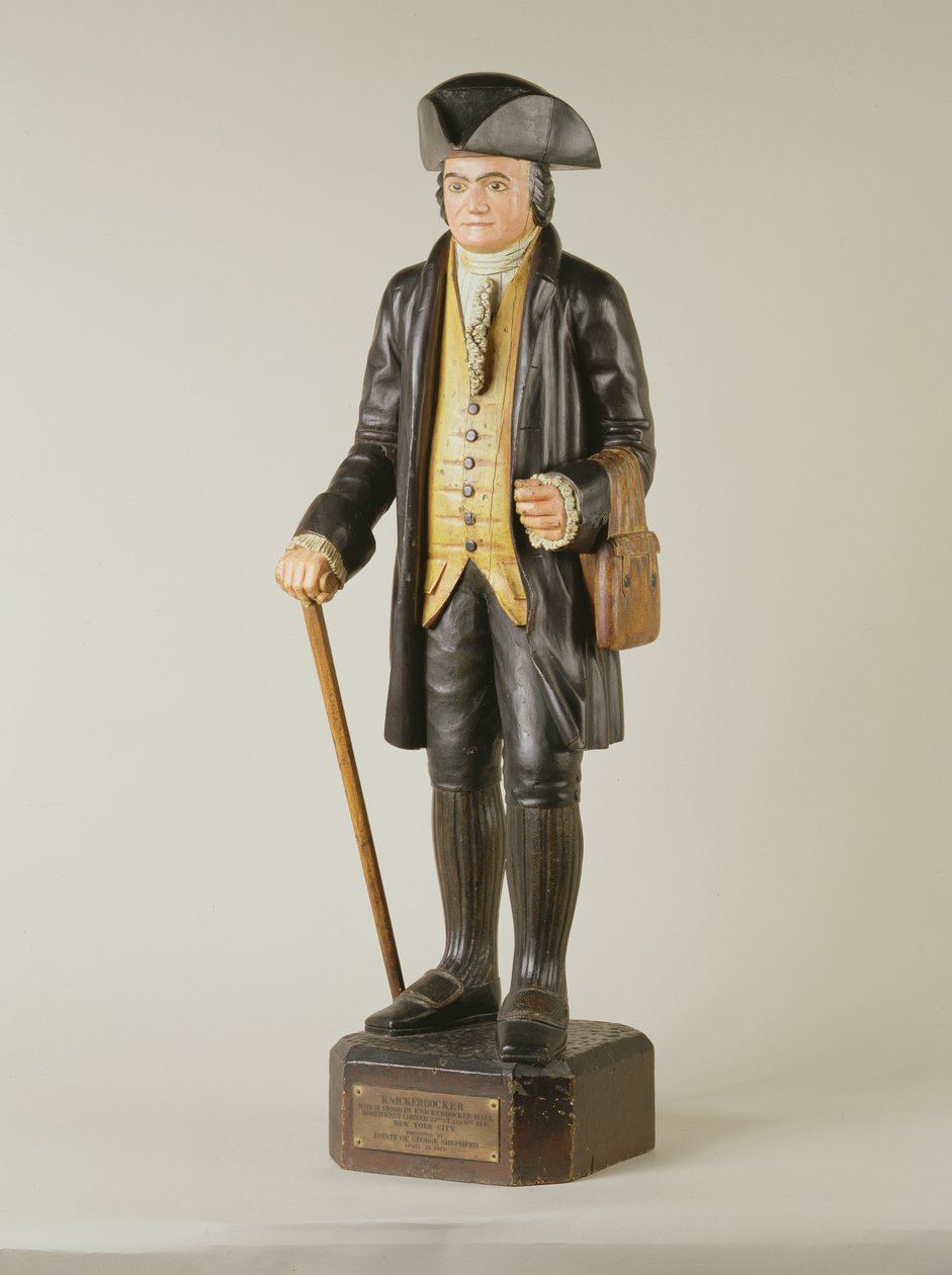 Skulptur av Diedrich Knickerbocker som sto i Knickerbocker Hall i New York City, ca. 1850-67 (malt tre) av American School