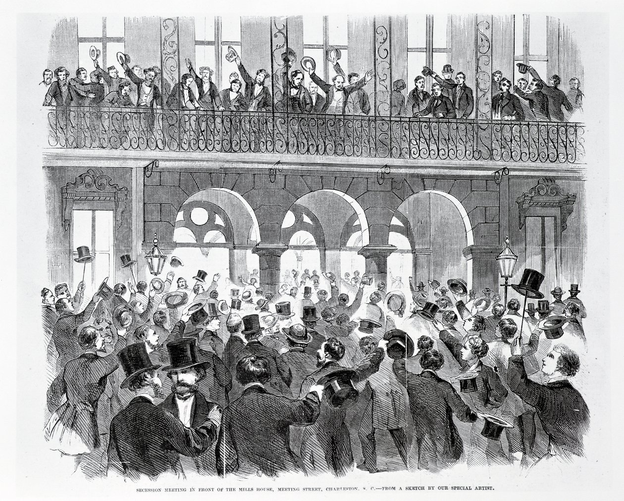 Sesession Meeting foran Mills House, Meeting Street, Charleston, South Carolina, ca. 1860 (gravering) (s/hvitt foto) av American School