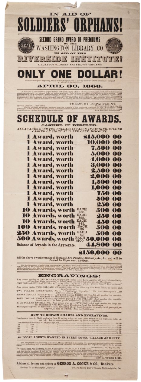 Second Grand Premiums av Washington Library Co til fordel for Riverside Insitution!, 20. mai 1867 av American School