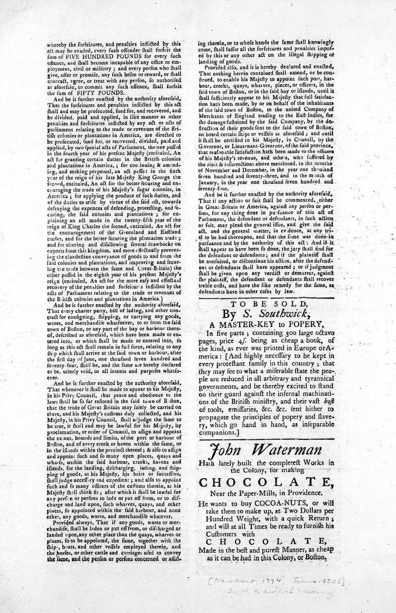 Andre side av en bredside som skisserer loven for blokkering av havnen i Boston, 1774 (avispapir) av American School