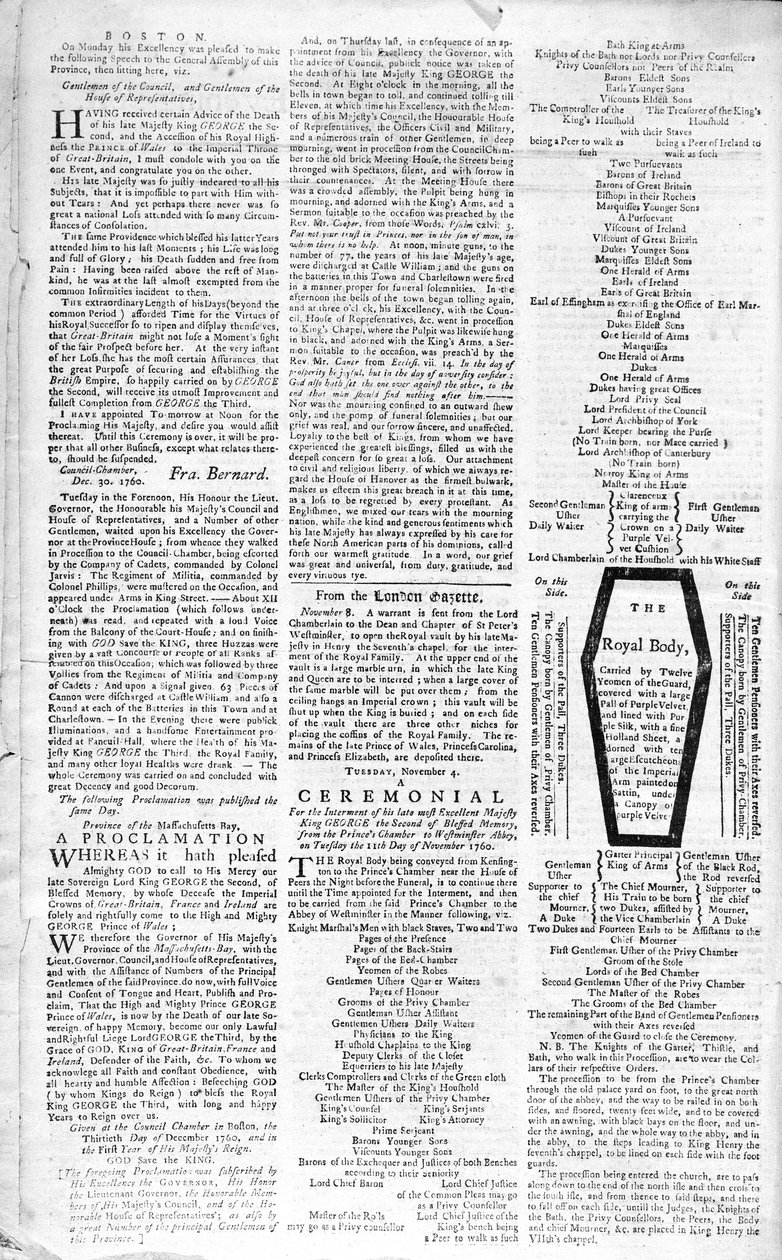 Andre side av Boston Evening Post som kunngjør døden til kong George II (1683-1760), 5. januar 1761 (trykk) av American School