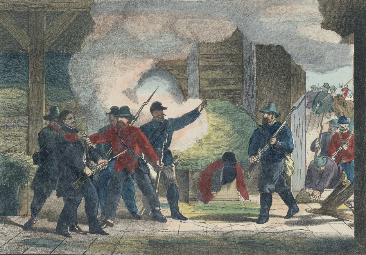 Seizure and Death of the Murderer Wilkie Booth, ca. 1865 (fargetrykk) av American School