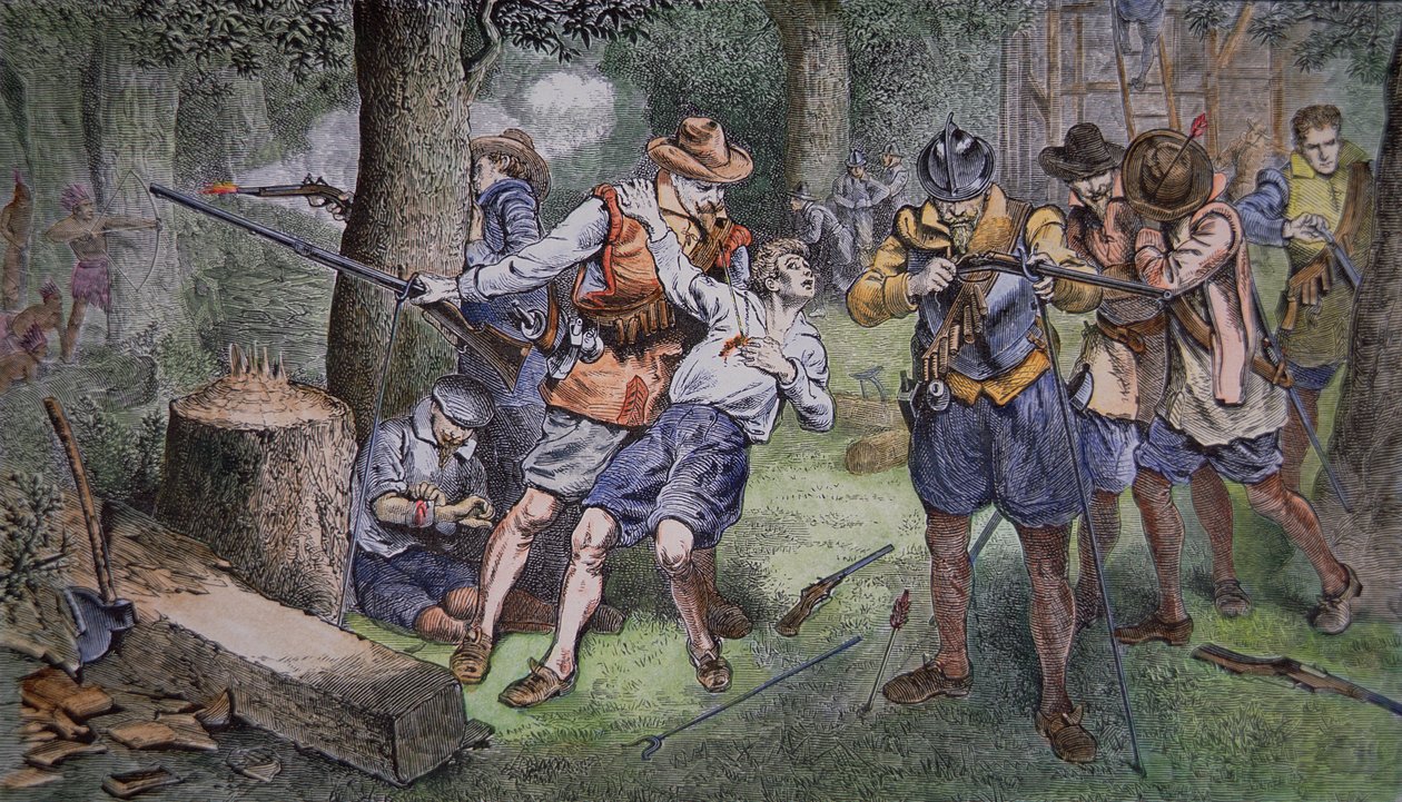 Bosetting av Jamestown, Virginia i 1607 (farget gravering) av American School