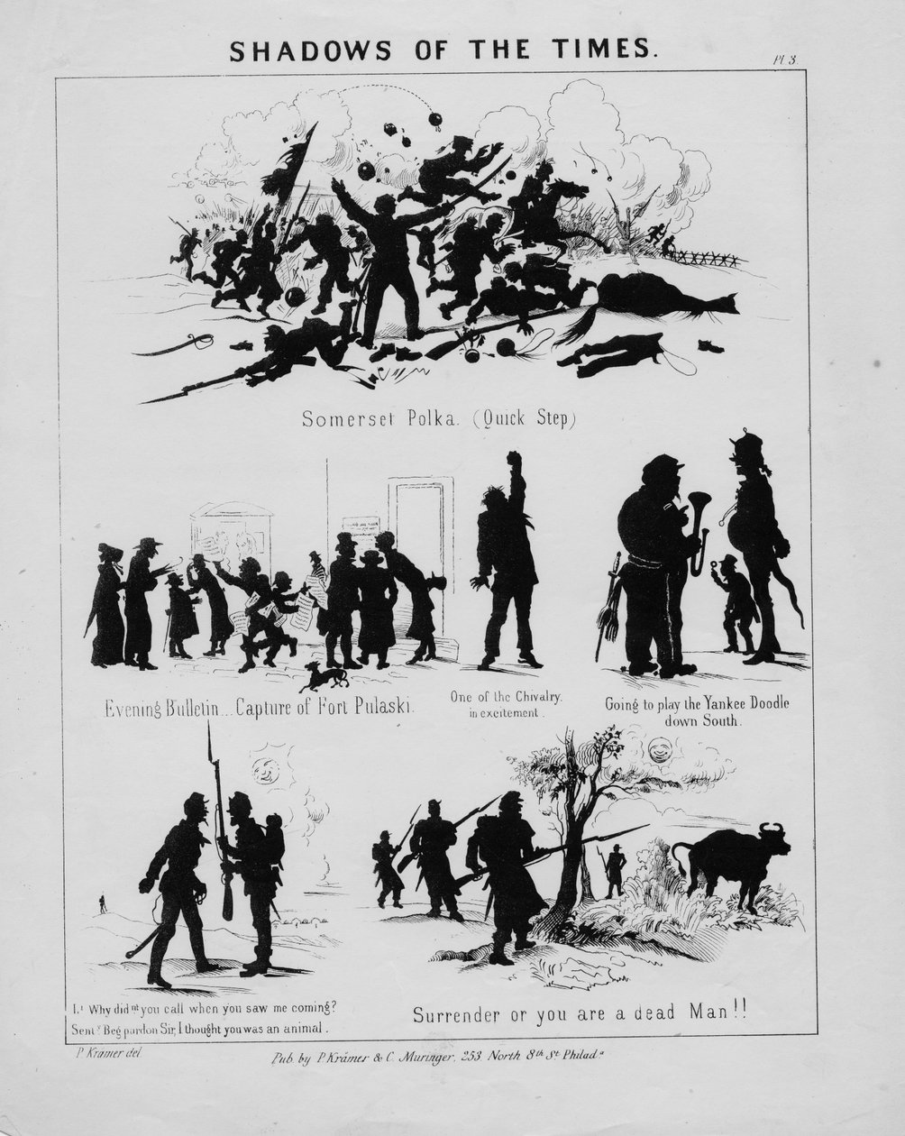 Shadows of the times, plate 3, utgitt av P. Kramer & C. Muringer, Philadelphia, ca. 1862 av American School
