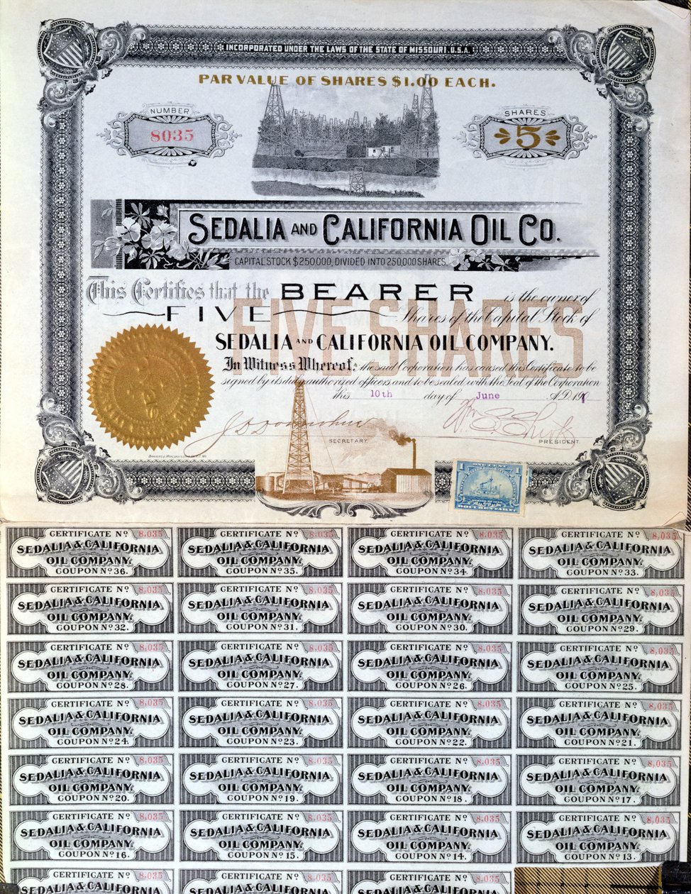 Aksjebevis for Sedalia and Californian Oil Company, U.S.A., 1901 av American School