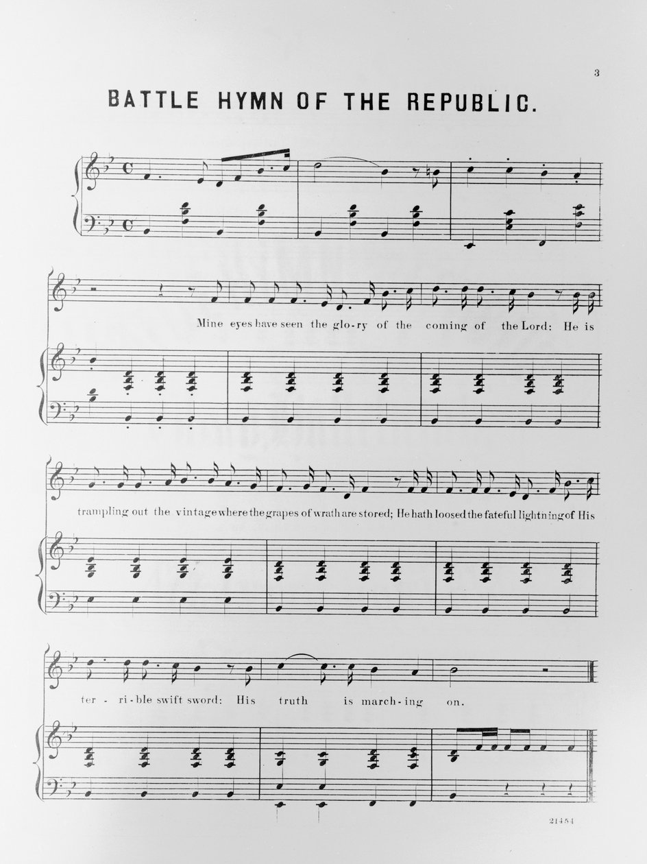 Noter til Battle Hymn of the Republic, skrevet av Julia Ward Howe (1819-1910) 1862 av American School