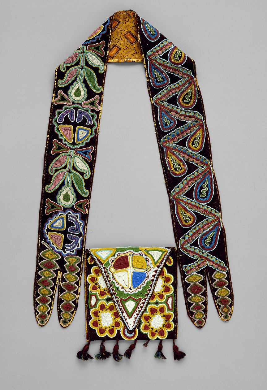 Skulderveske, ca. 1820 (ull, silke, garn, glassperler og bomullsstoff) av American School