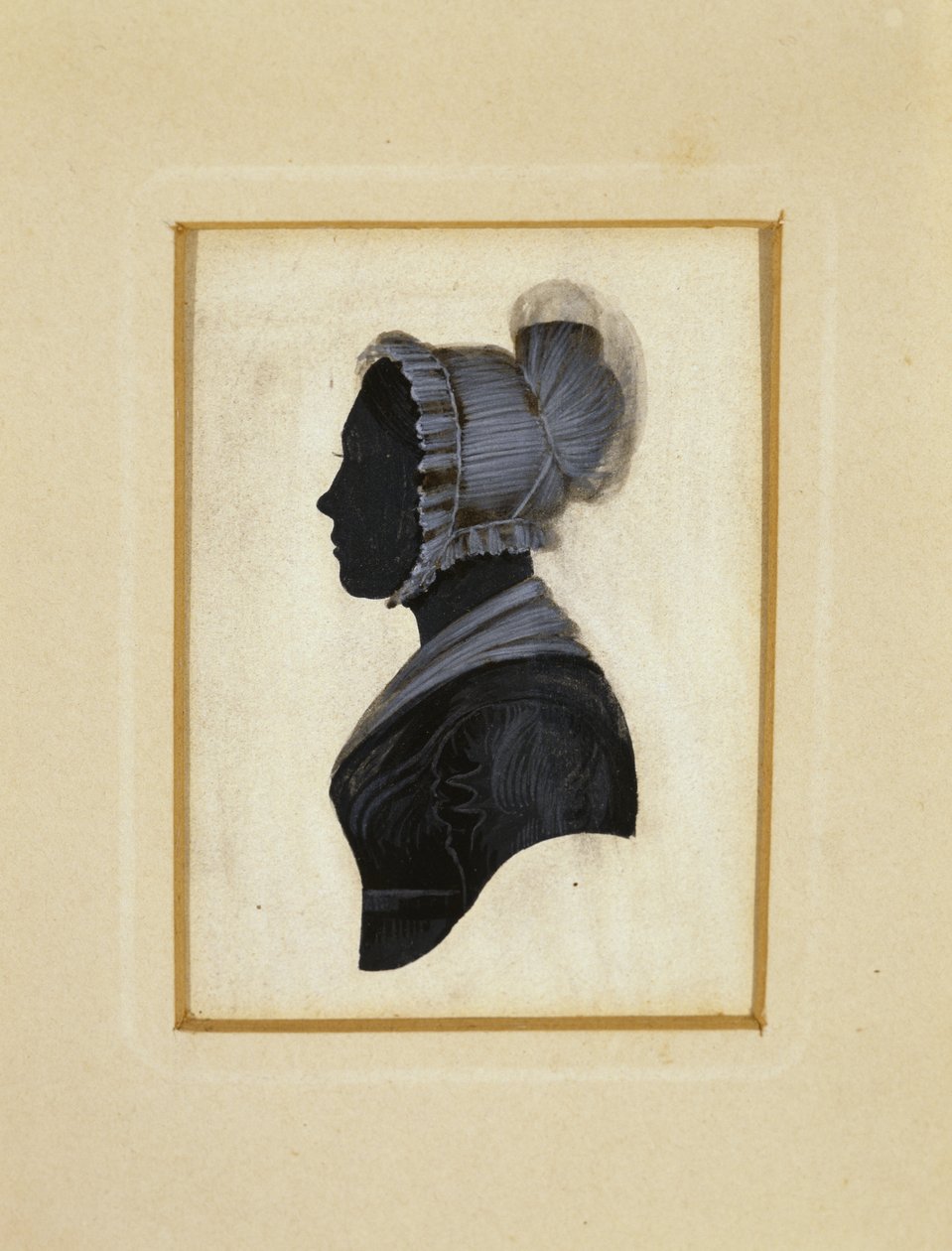 Silhouette of a Lady, ca. 1830-1840 (svart blekk med brun og hvit krittavgrensning på vevd papir) av American School
