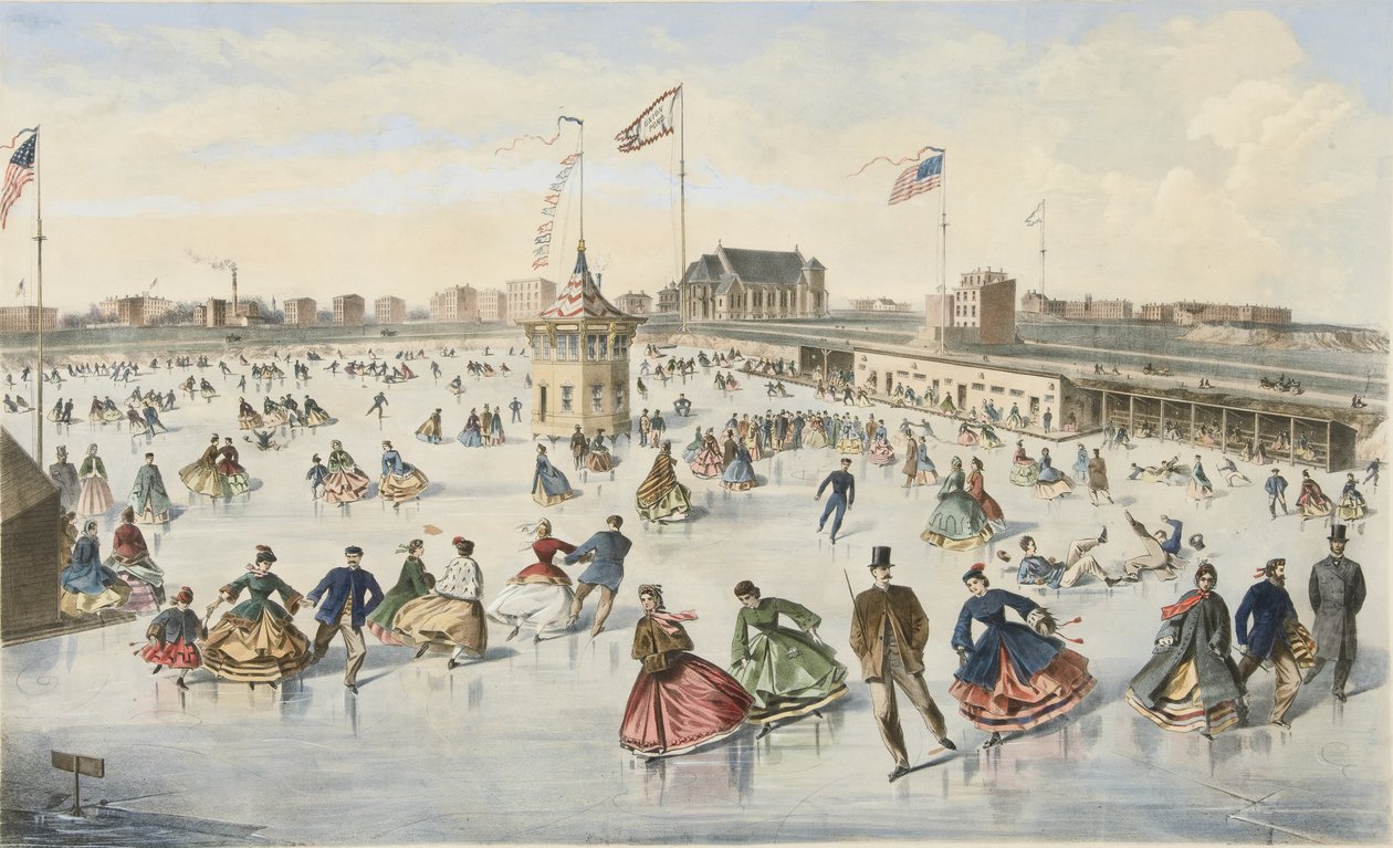 Skating på Union Pond, pub. 1863 (farge litho) av American School