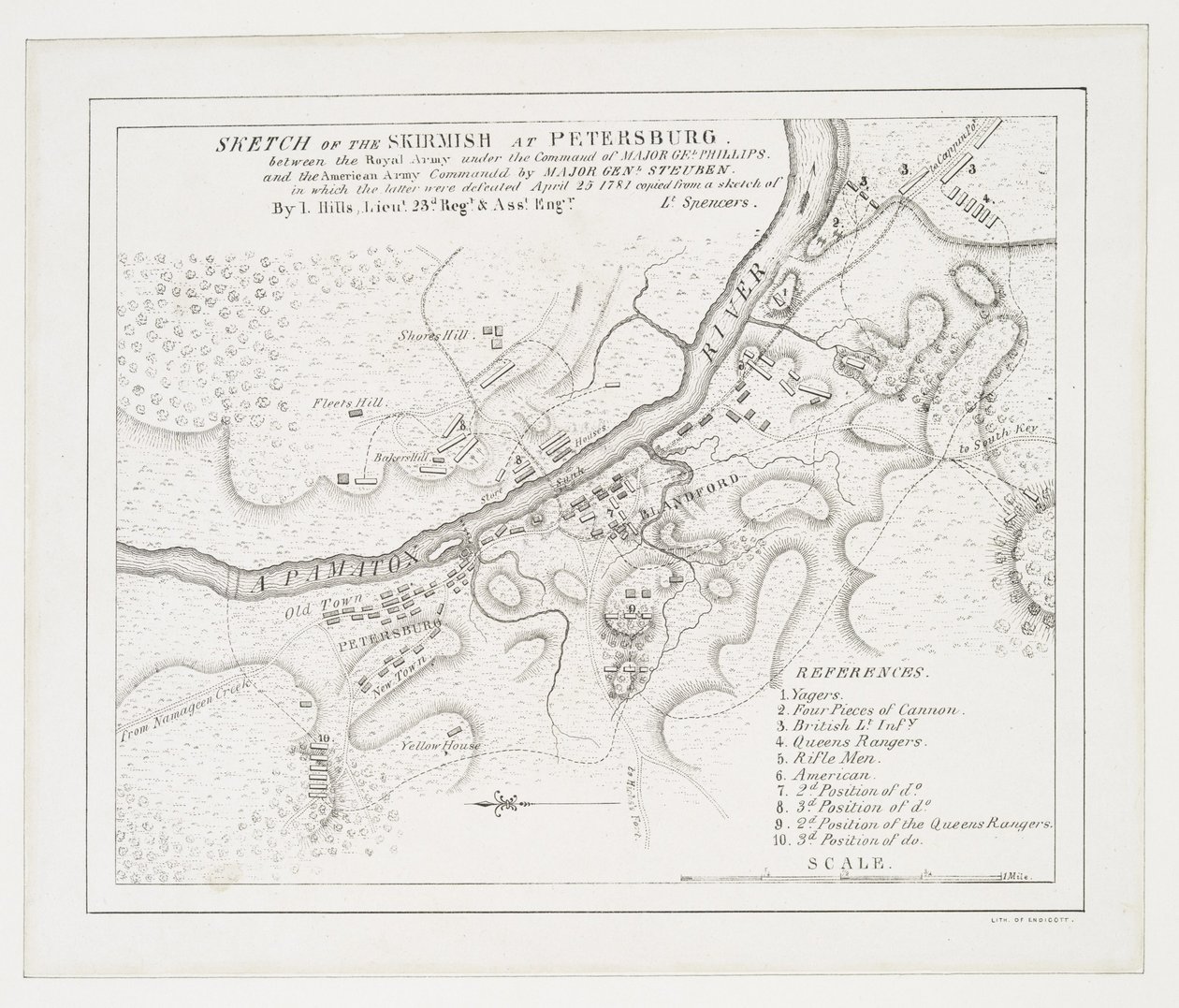 Skisse av trefningen ved Petersburg: mellom den kongelige hæren under kommando av major Gel. Phillips og den amerikanske hæren kommandert av generalmajor. Steuben der sistnevnte ble beseiret, 25. april 1781 av American School
