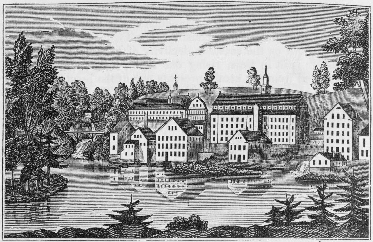 Sørøstutsikt over fabrikkene ved Yantic Falls, Norwich, fra 