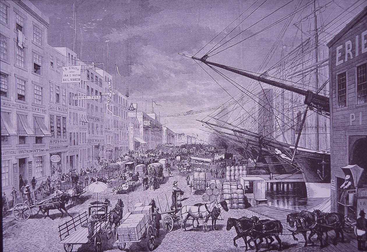 South Street Seaport på 1870-tallet, New York City (gravering) av American School