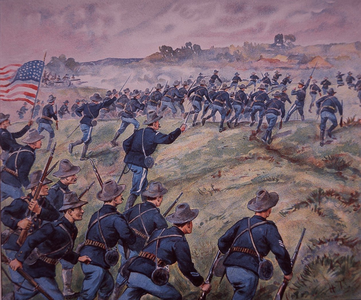 Spansk-amerikansk krig 1898, amerikanske tropper stormer San Juan Heights på Cuba (farge litho) av American School