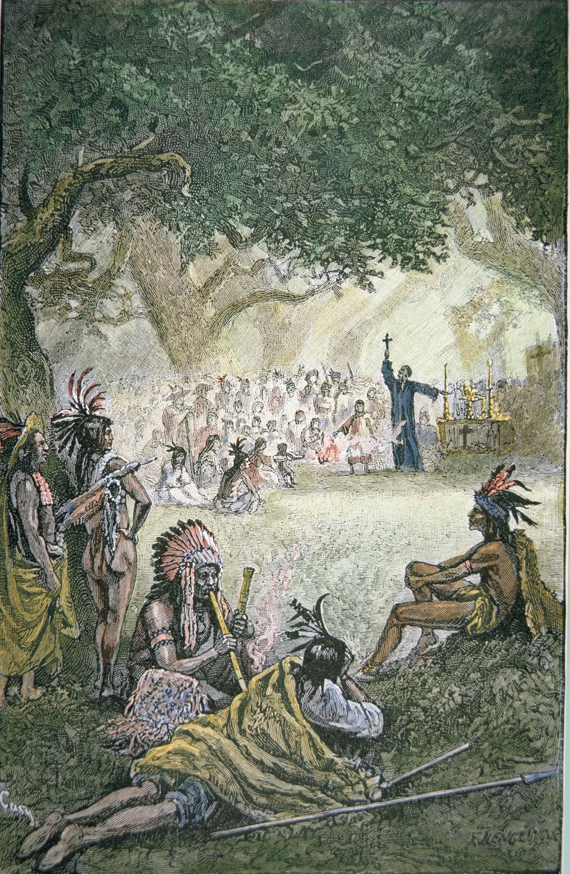 Spanske jesuittmisjonærer som konverterte indianere i California på 1600-tallet (farge litho) av American School