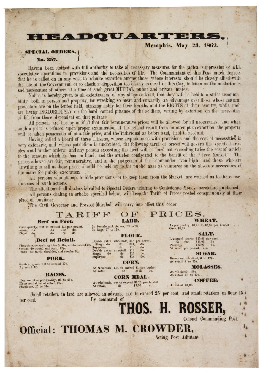 Spesialbestillingsnr. 357 publiserer matpriser for å forhindre spekulasjoner, 23. mai 1862 av American School