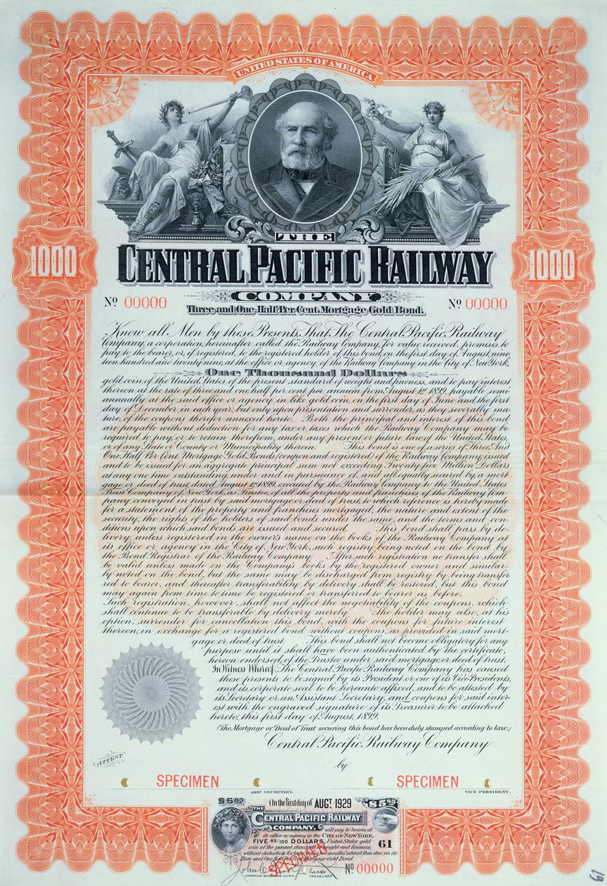 Prøve av obligasjonssertifikat for 1000 dollar for Central Pacific Railway Company, 1899 av American School