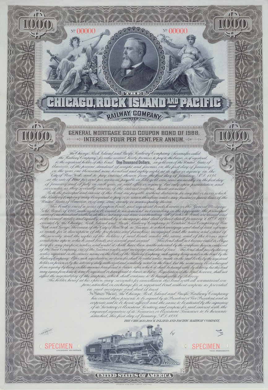 Prøve av obligasjonssertifikat for 1000 dollar for Chicago, Rock Island and Pacific Railway Company, 1898 av American School
