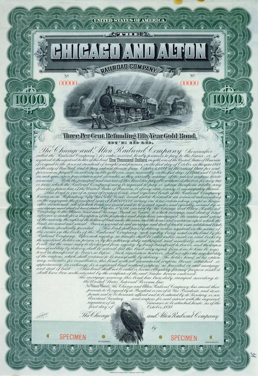 Prøve av obligasjonssertifikat for 1000 dollar for Chicago and Alton Railroad Company, 1899 av American School