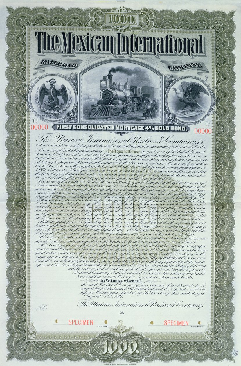 Prøve av obligasjonssertifikat for 1000 dollar for Mexican International Railroad Company, 1897 av American School