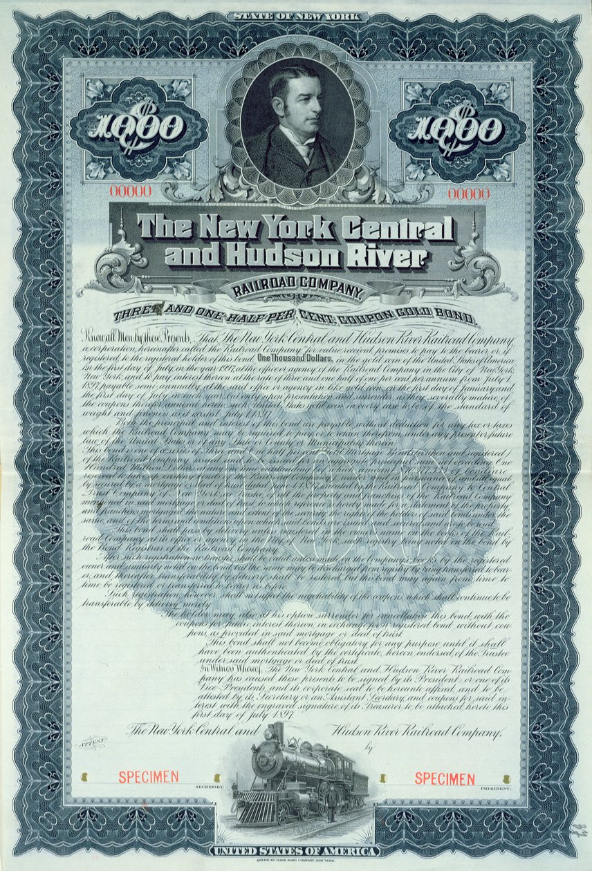 Prøve av obligasjonssertifikat for 1000 dollar for New York Central and Hudson River Railroad Company, ca. 1900 av American School