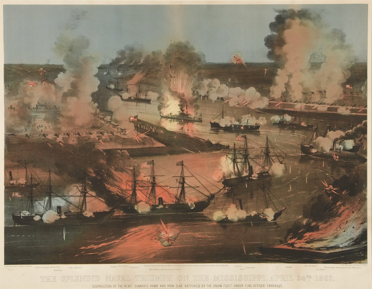 Splendid Naval Triumph of the Mississippi, pub. 1862 (farge litho) av American School