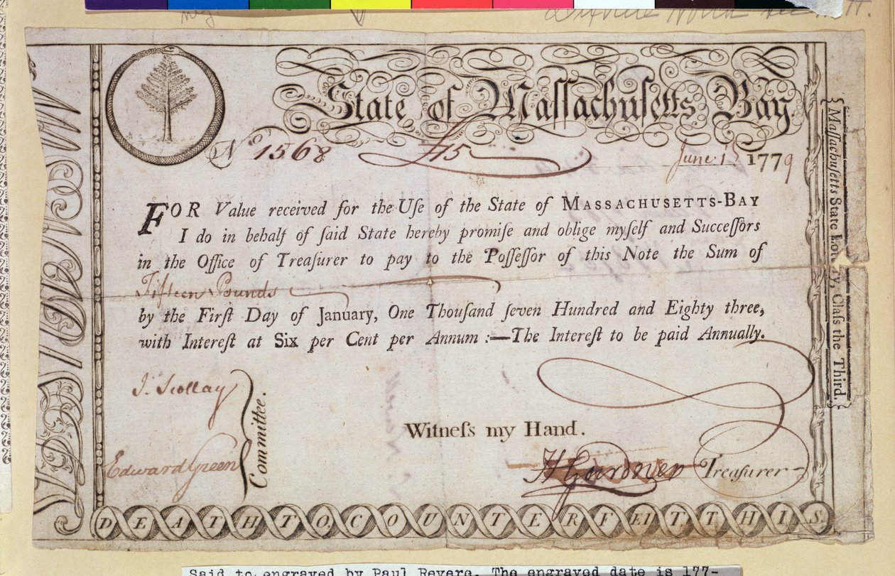 State of Massachusetts Bay Gjeldsbrev, sies å være gravert av Paul Revere (1735-1818) 1779 av American School