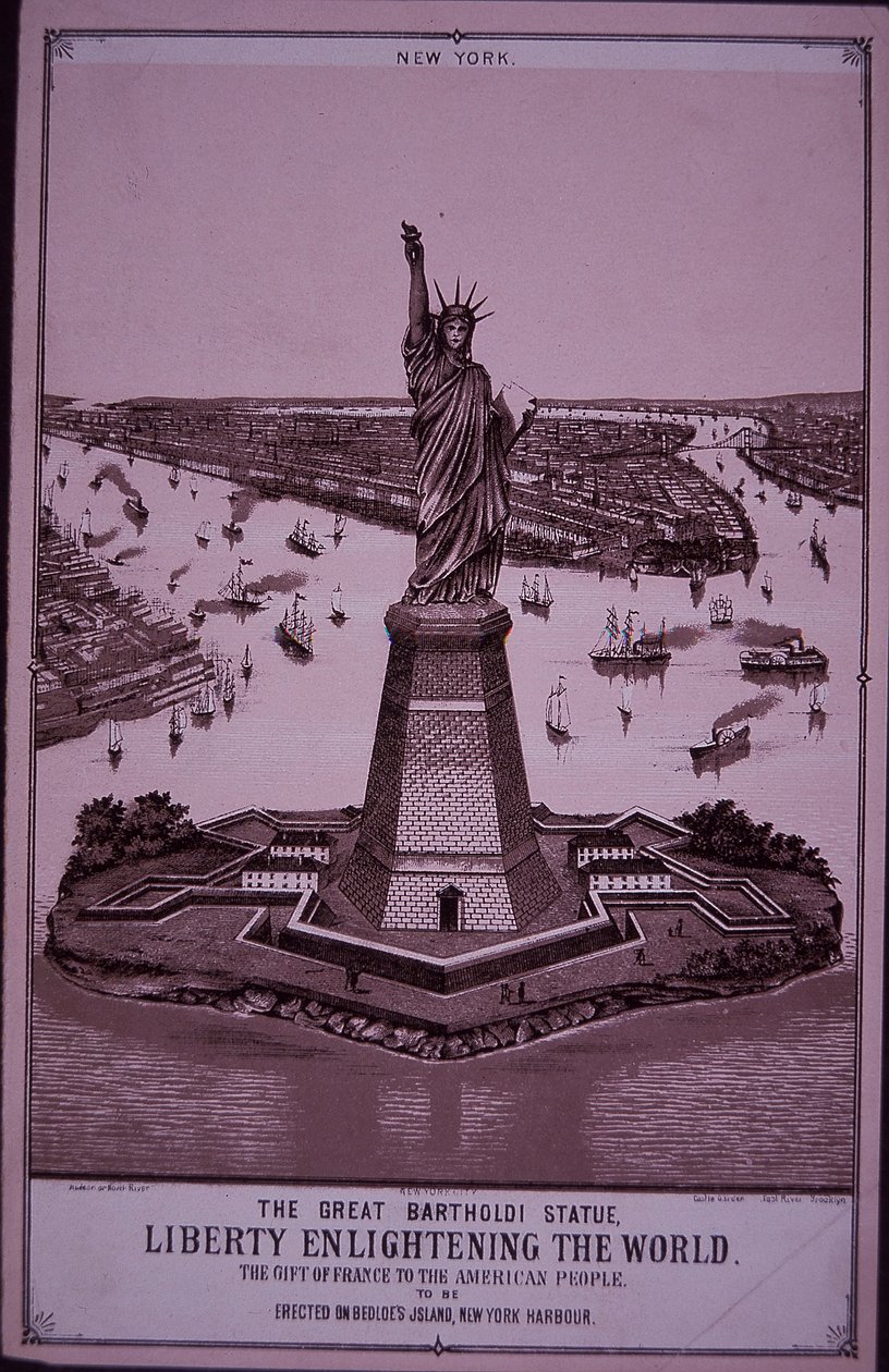 Frihetsgudinnen 'skal reises på Bedloe's Island', trykk av 1885 (gravering) av American School