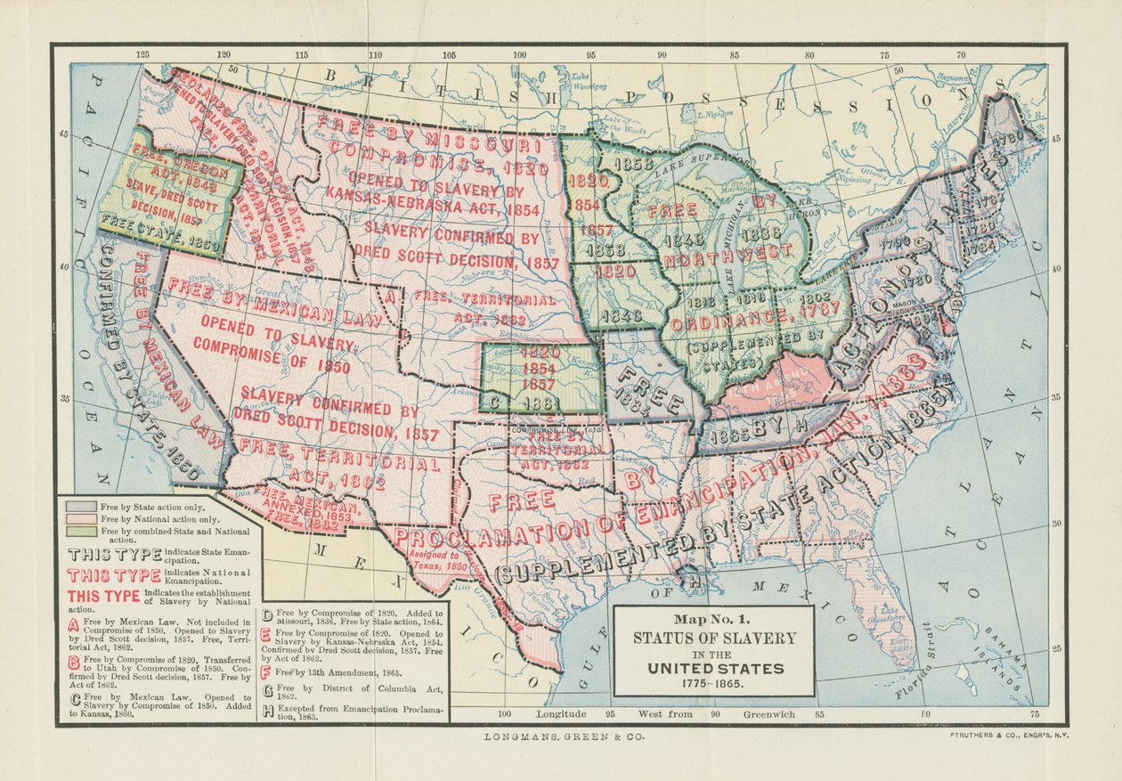 Status for slaveri i USA, 1775-1865, fra "Division and Reunion, 1829-1889" av Woodrow Wilson, 1893 av American School