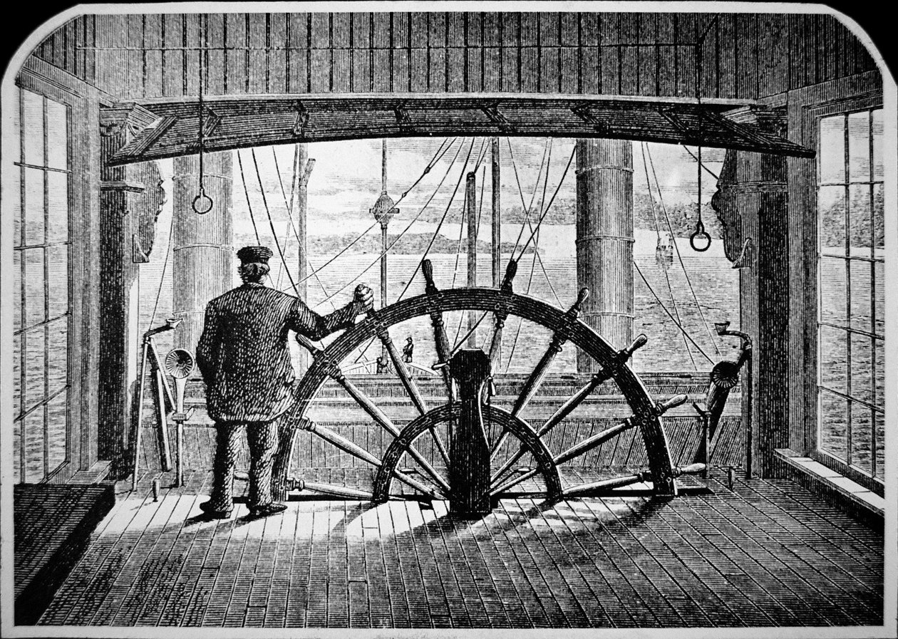 Dampbåtpilot i styrehuset, ca. 1870 (gravering) av American School