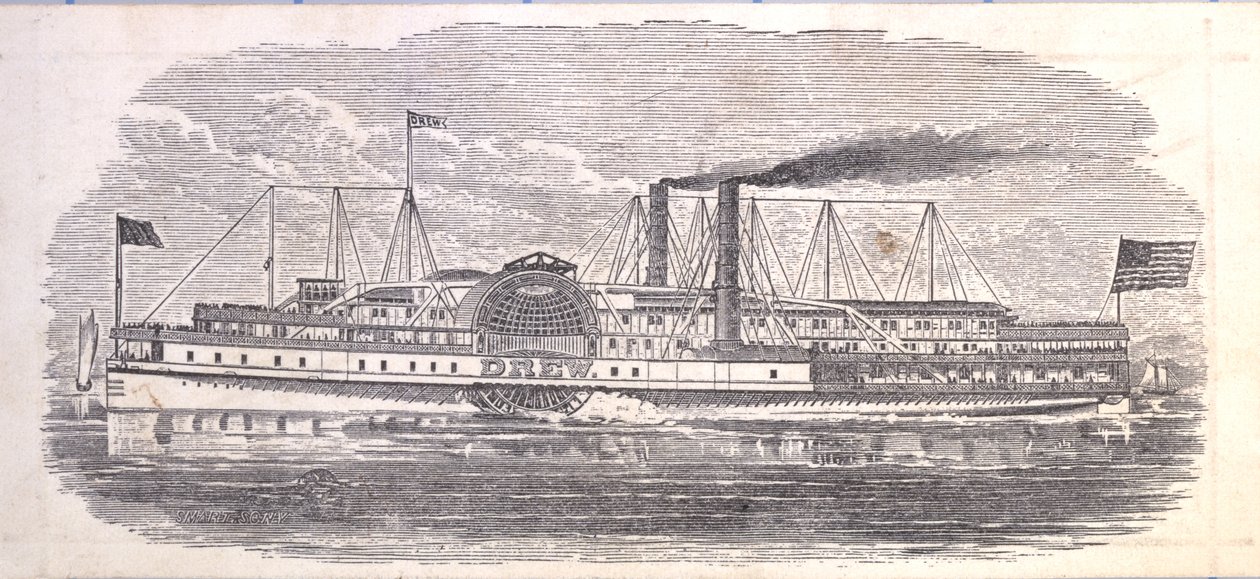 Steamship Drew, Ticket for the Peoples Evening Line, Albany til New York, verso (gravering [billett]) av American School