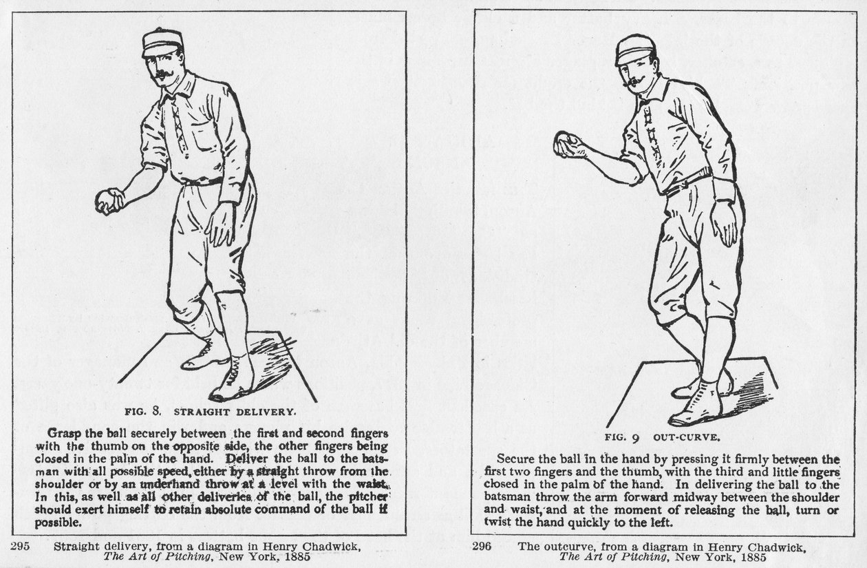 Rett levering og ut-kurve diagrammer fra Henry Chadwick 'The Art of Pitching' av American School