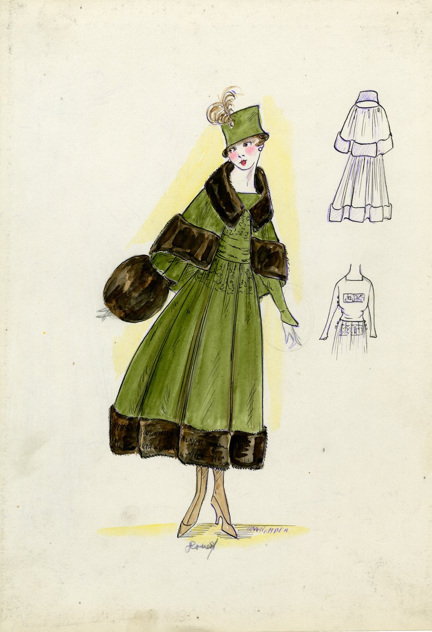 Skreddersydd dress, Doucet, høsten 1916 (blyant og akvarell på papir) av American School
