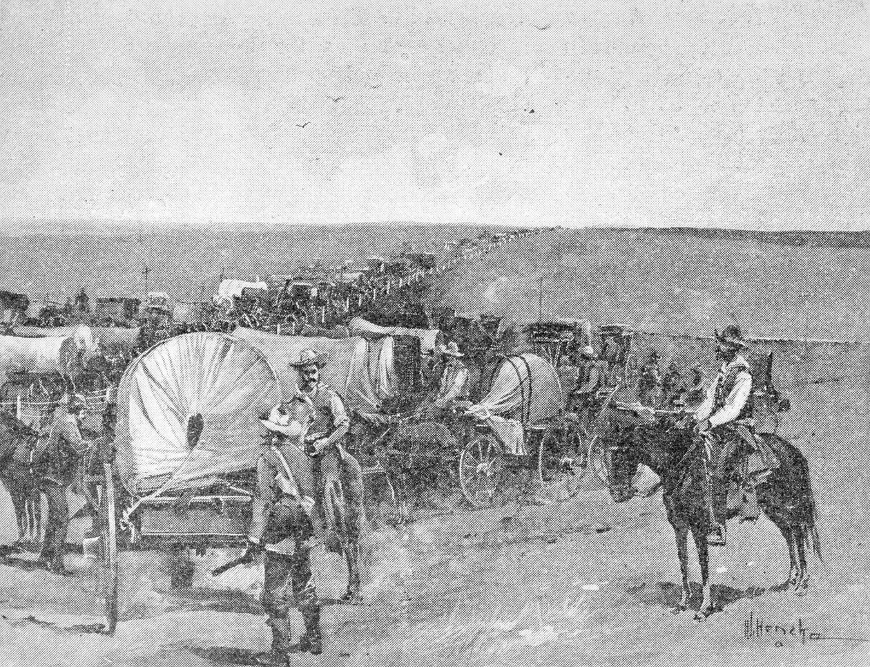 Ti minutter før det store rushet, på sørlinjen til Indian School Reserve, nær Arkansas City, 16. september 1893 (gravering) (bw-bilde) av American School