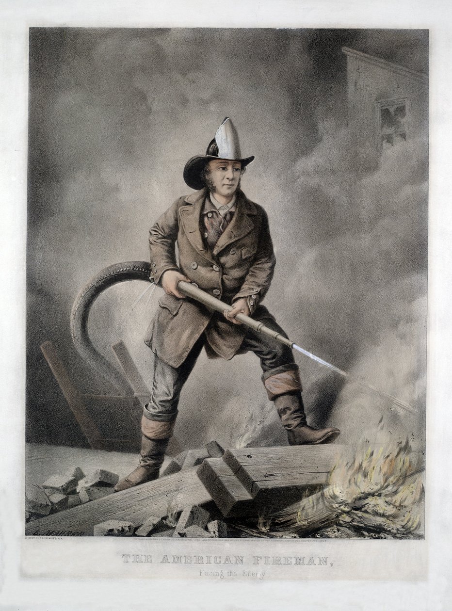 The American Fireman, Facing the Enemy, pub. 1858 (håndfarget litho) av American School