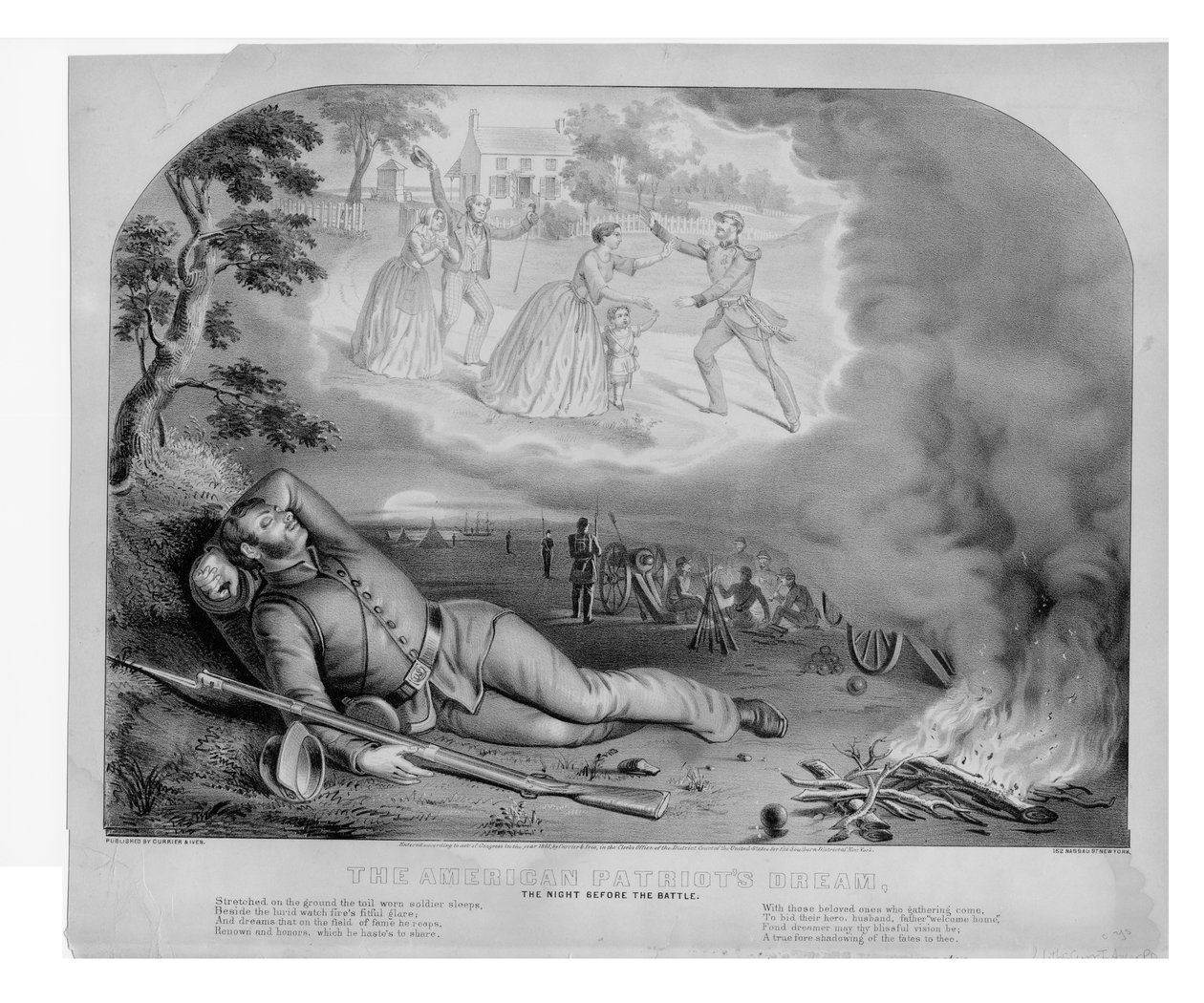 De amerikanske patriotene drømmer, natten før slaget, pub. av Currier & Ives, 1861 av American School