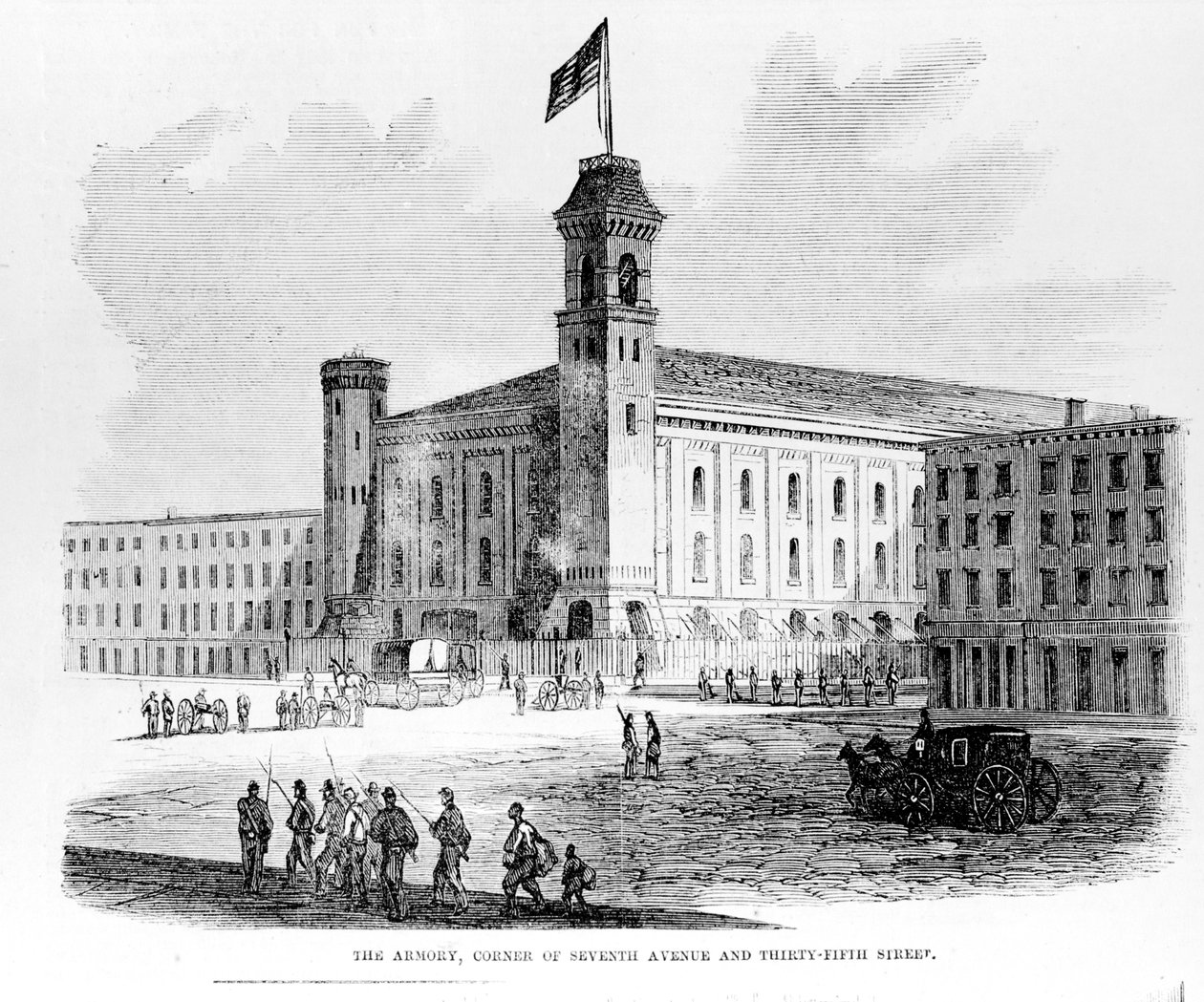 The Armory, Corner of Seventh Avenue og Thirty-Fifth Street, scene fra Draft Riots i New York City, 1863 av American School