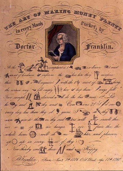 Kunsten å tjene mye penger i hver manns lomme av doktor Franklin, pub. av Currier og Ives, New York (farge litho) av American School