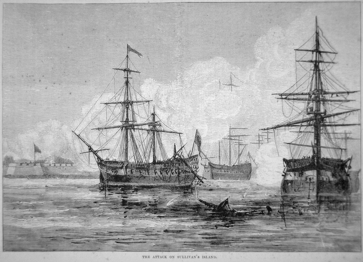 Angrepet på Sullivan's Island, 28. juni 1776 (litho) av American School