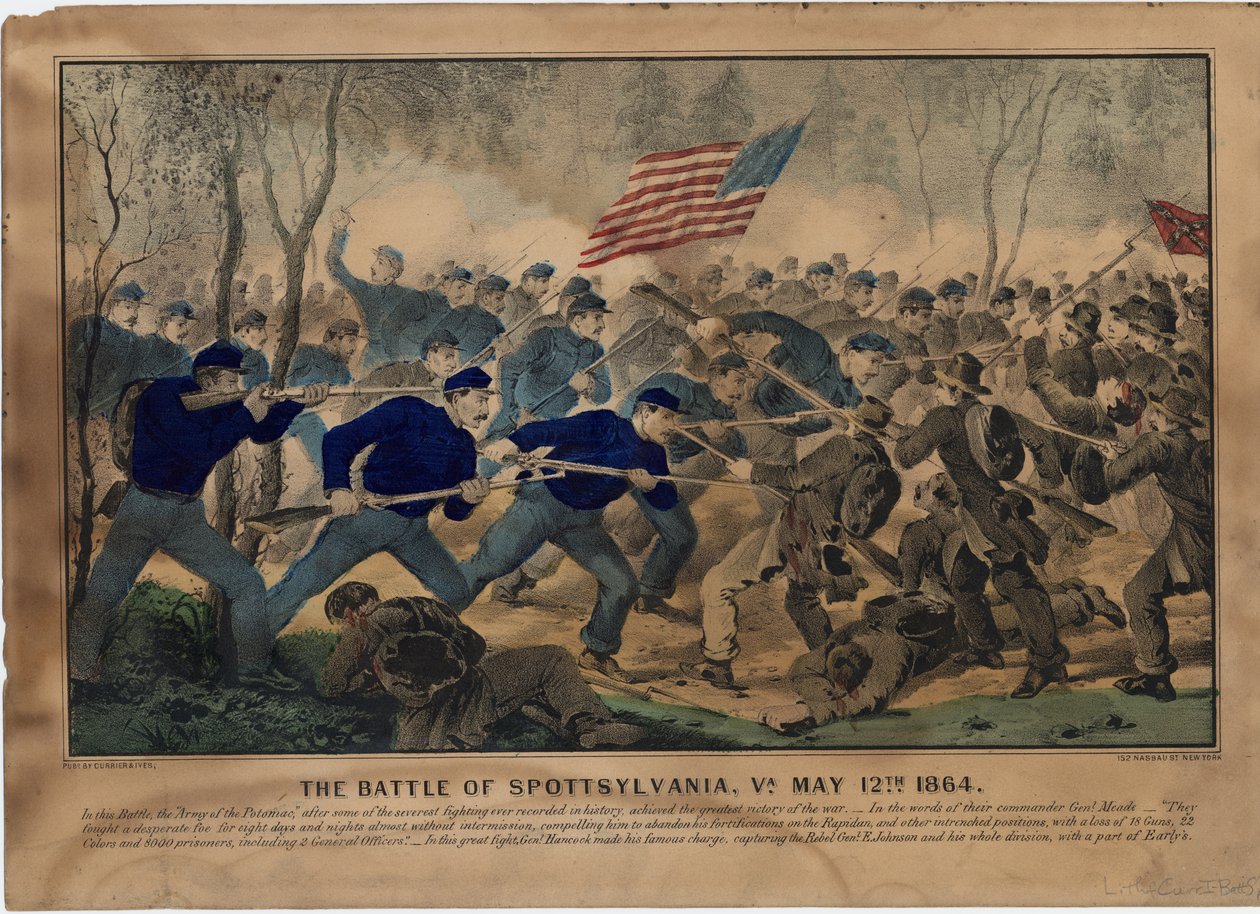 Slaget ved Spottsylvania, Va. 12. mai 1864, pub. av Currier & Ives, ca. 1864 av American School