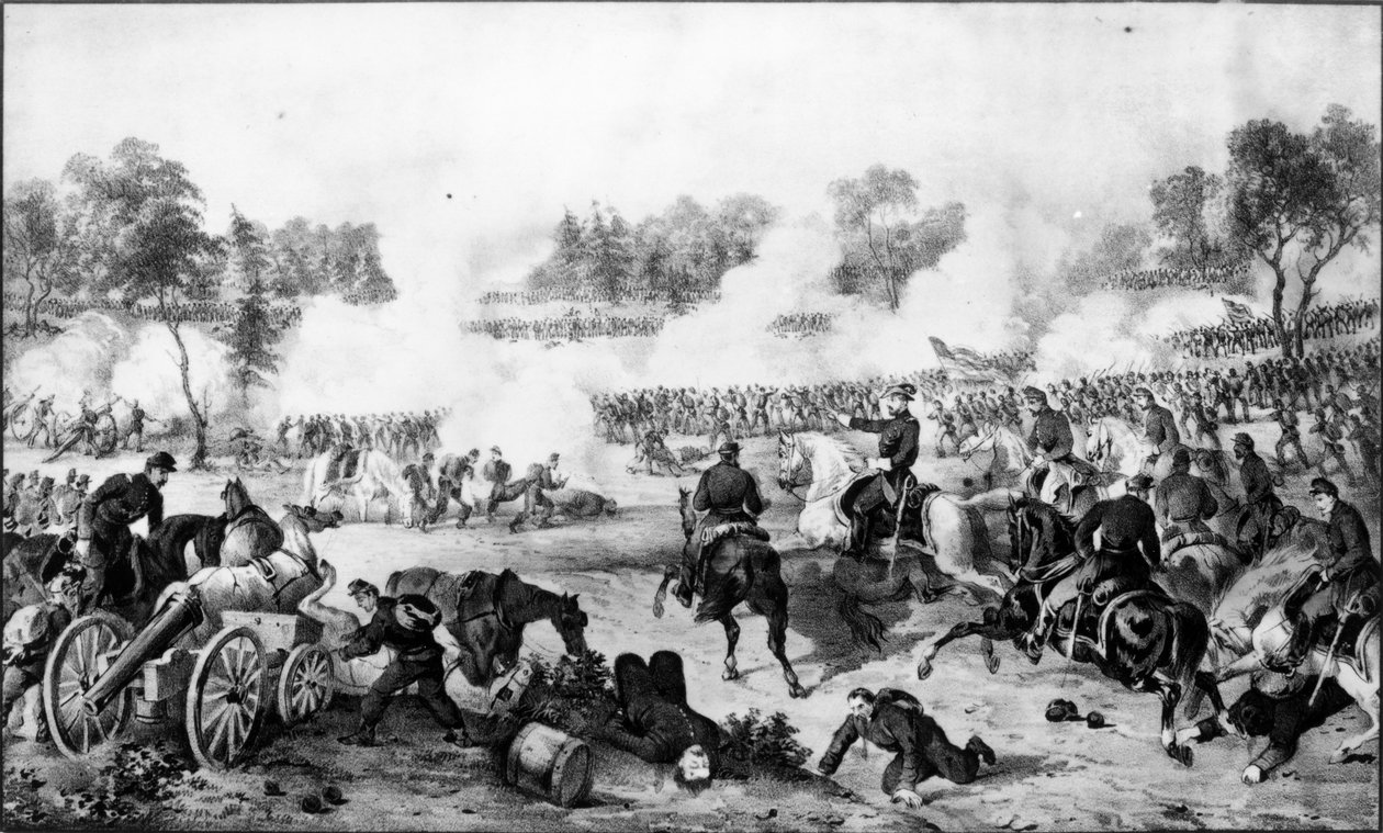 The Battle of the Wilderness, Virginia, 5. og 6. mai 1864, pub. av Currier und Ives (gravering) (bundw foto) av American School