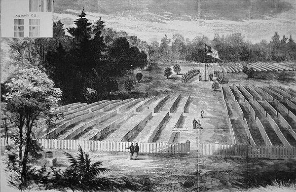Gravplassen ved Krigsfangeleiren i Andersonville (litho) av American School
