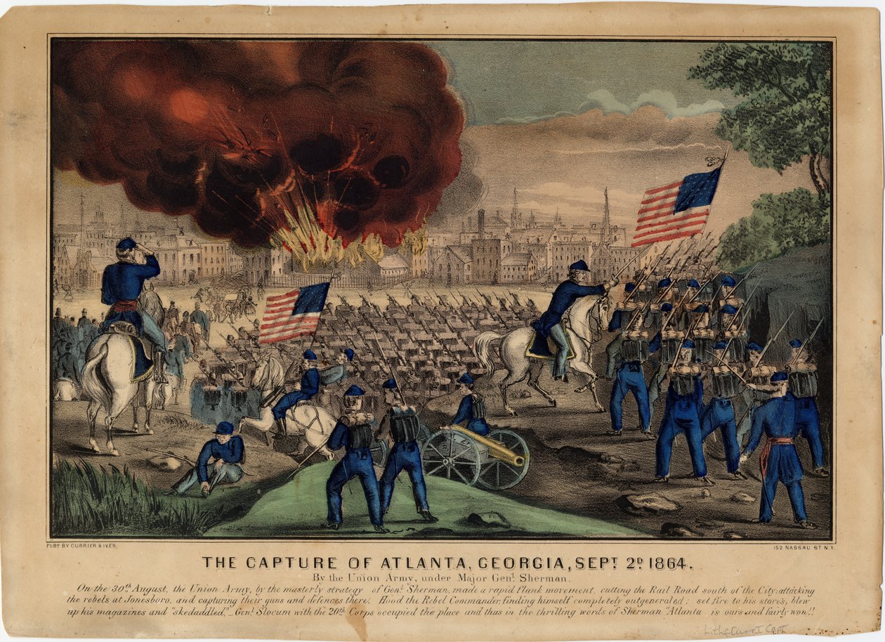 The Capture of Atlanta, Georgia, 2. september 1864, pub. av Currier & Ives, ca. 1864 av American School