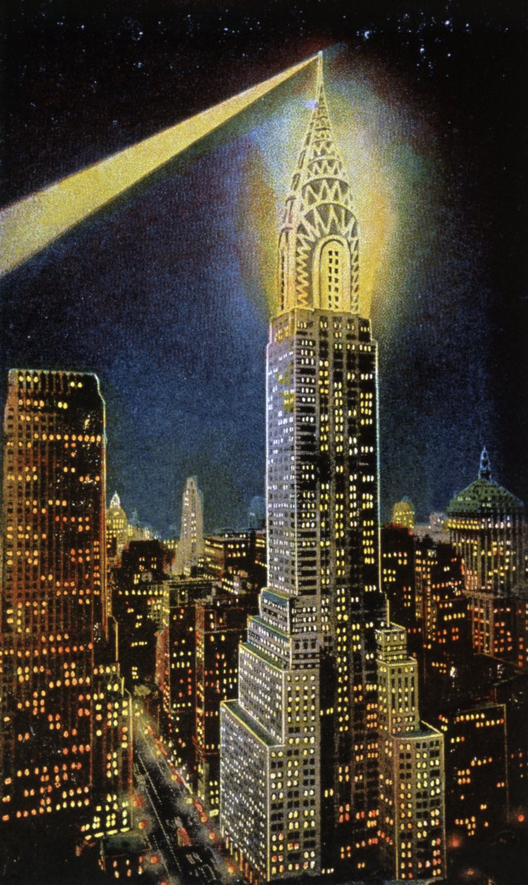 Chrysler-bygningen om natten, New York, ca. 1929 (postkort) av American School