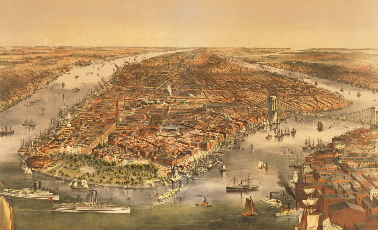 The City of New York, pub. av Currier og Ives, 1870 av American School