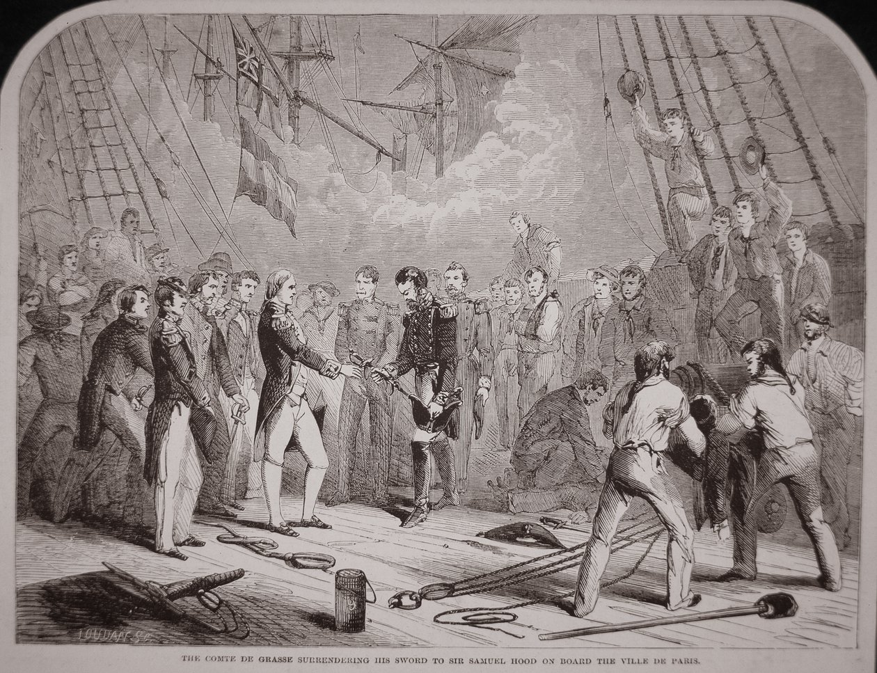 Comte de Grasse overgir sverdet sitt til Samuel Hood på 'Ville de Paris' av American School