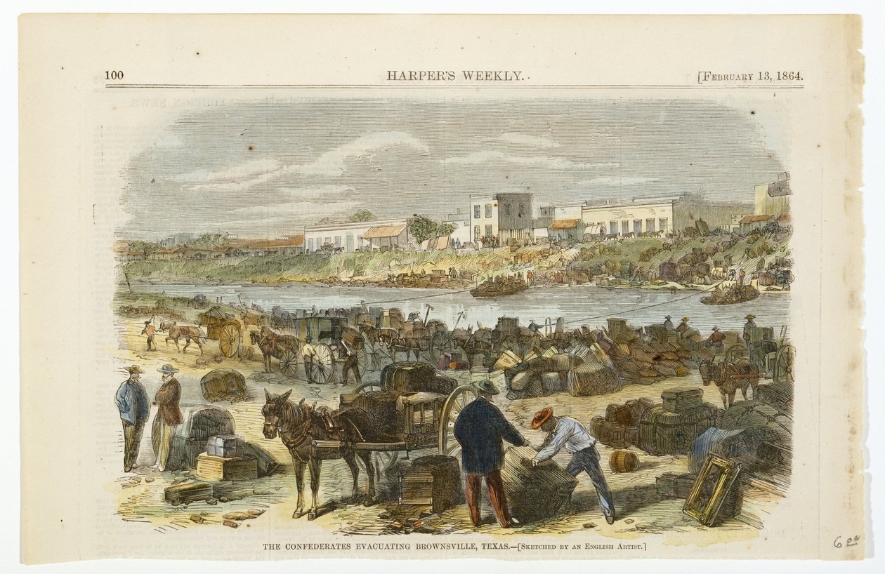 De konfødererte evakuerer Brownsville, Texas, ca. 1864 (håndfarget litografi på vevet tremassepapir) av American School